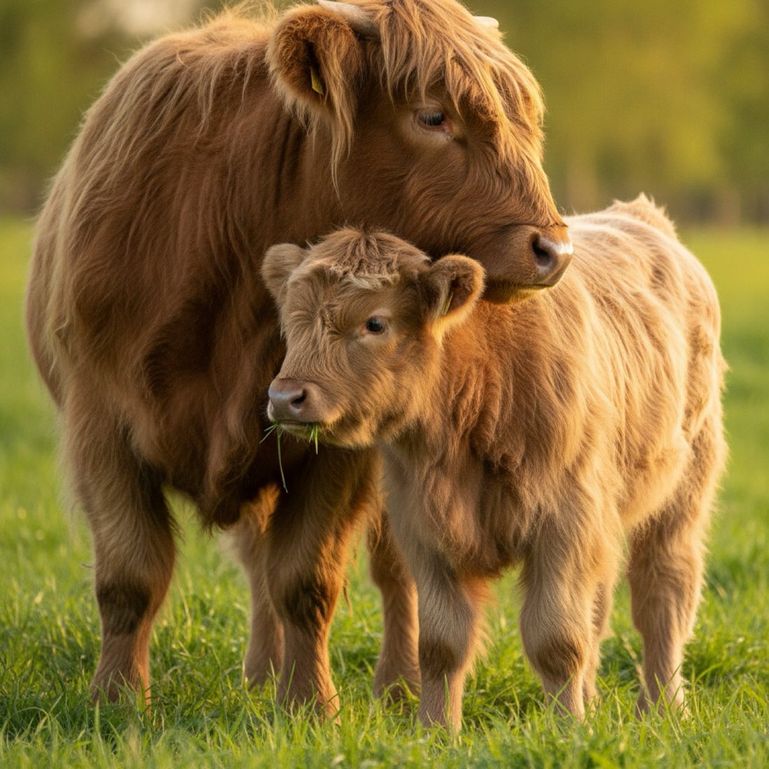 Young dun Highland calf standing in spring grass