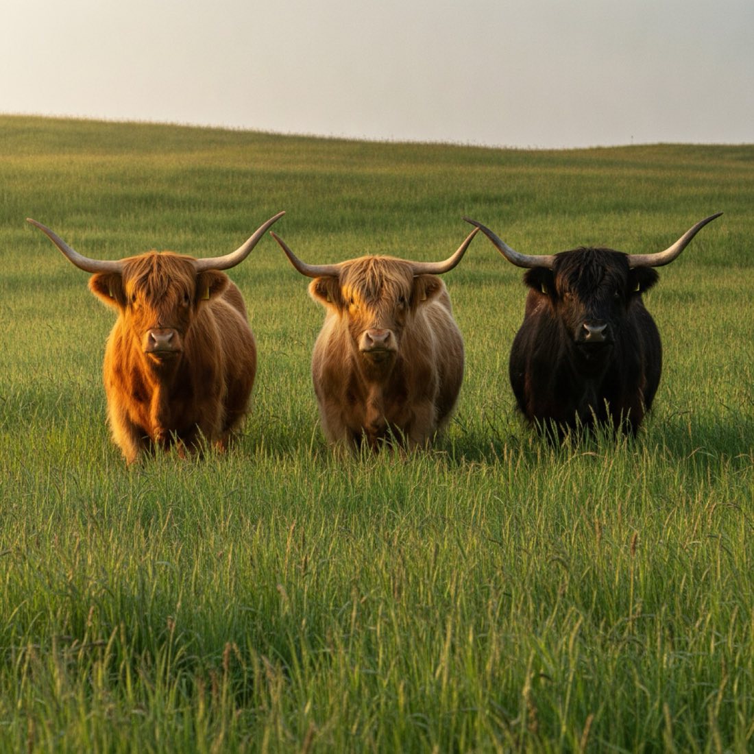 Three Highland cows of different colours standing together in long grass