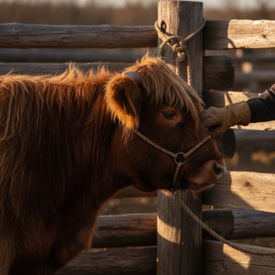 Gloved hands brushing the coat of a haltered Highland heifer in a timber yard