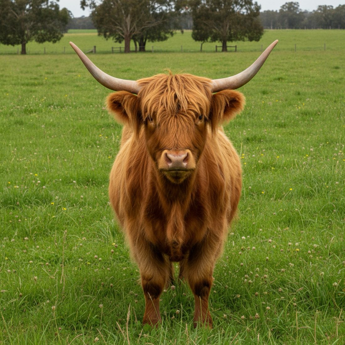 Red Highland heifer with a long fringe standing in green pasture