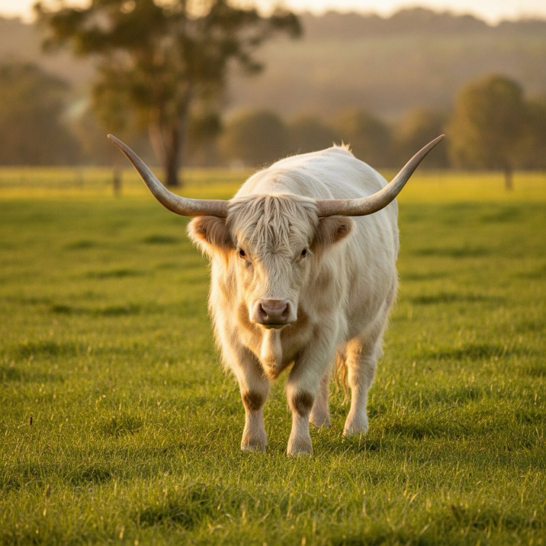 Silver-white Highland heifer backlit in golden afternoon light