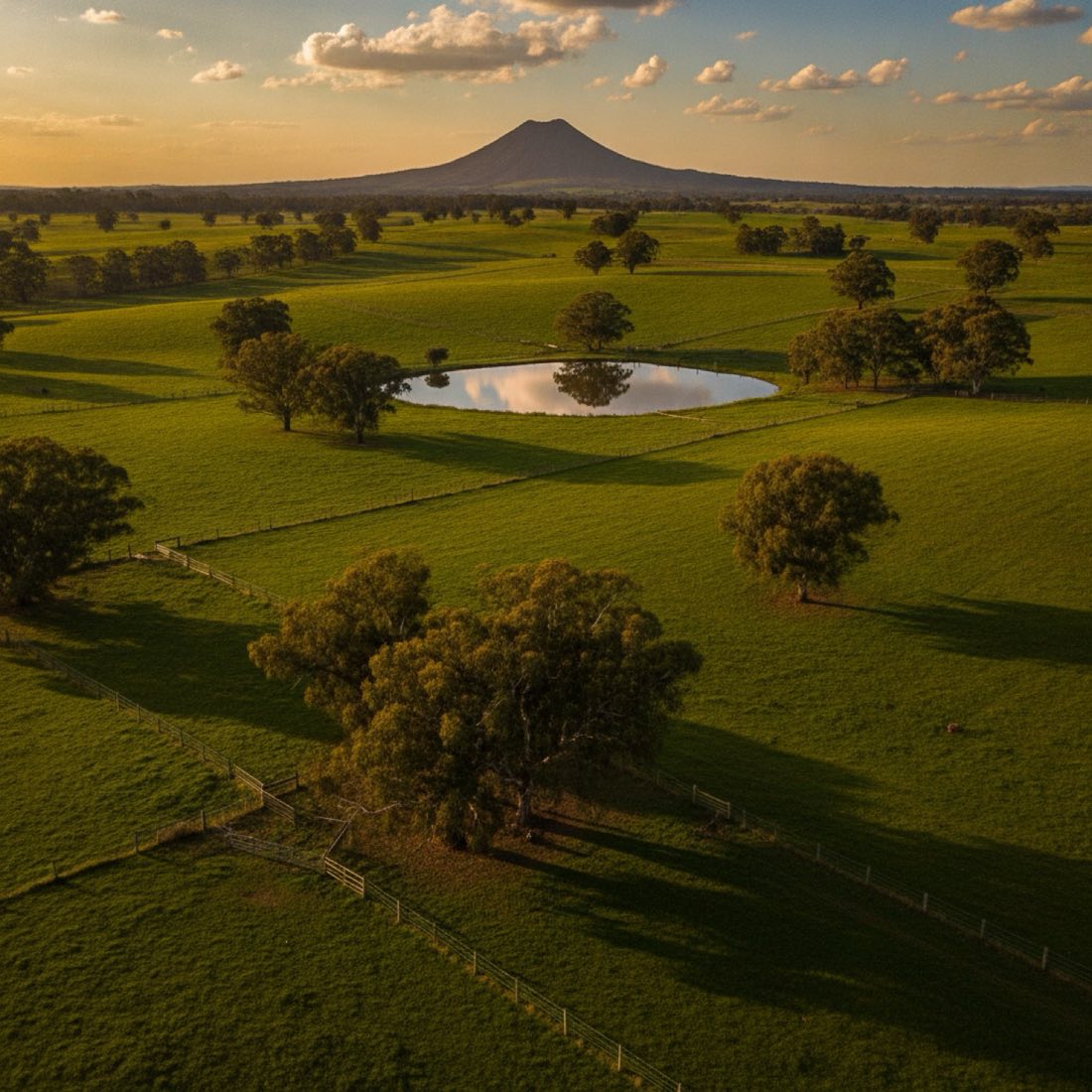 Rolling green paddocks of an 85 acre Central West NSW grazing property with a dam and gum trees